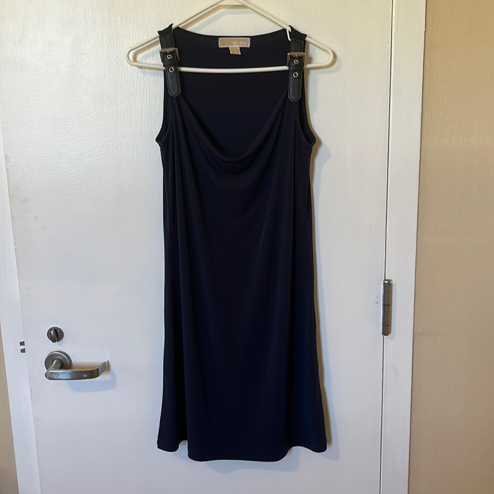 Michael Kors blue knit jersey dress with shoulder buckles, size medium.